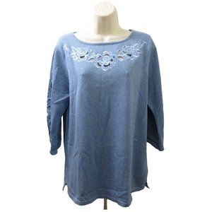 Bob Mackie Wearable Art Knit Blouse Size Medium Blue Cutout Embroidered Metallic